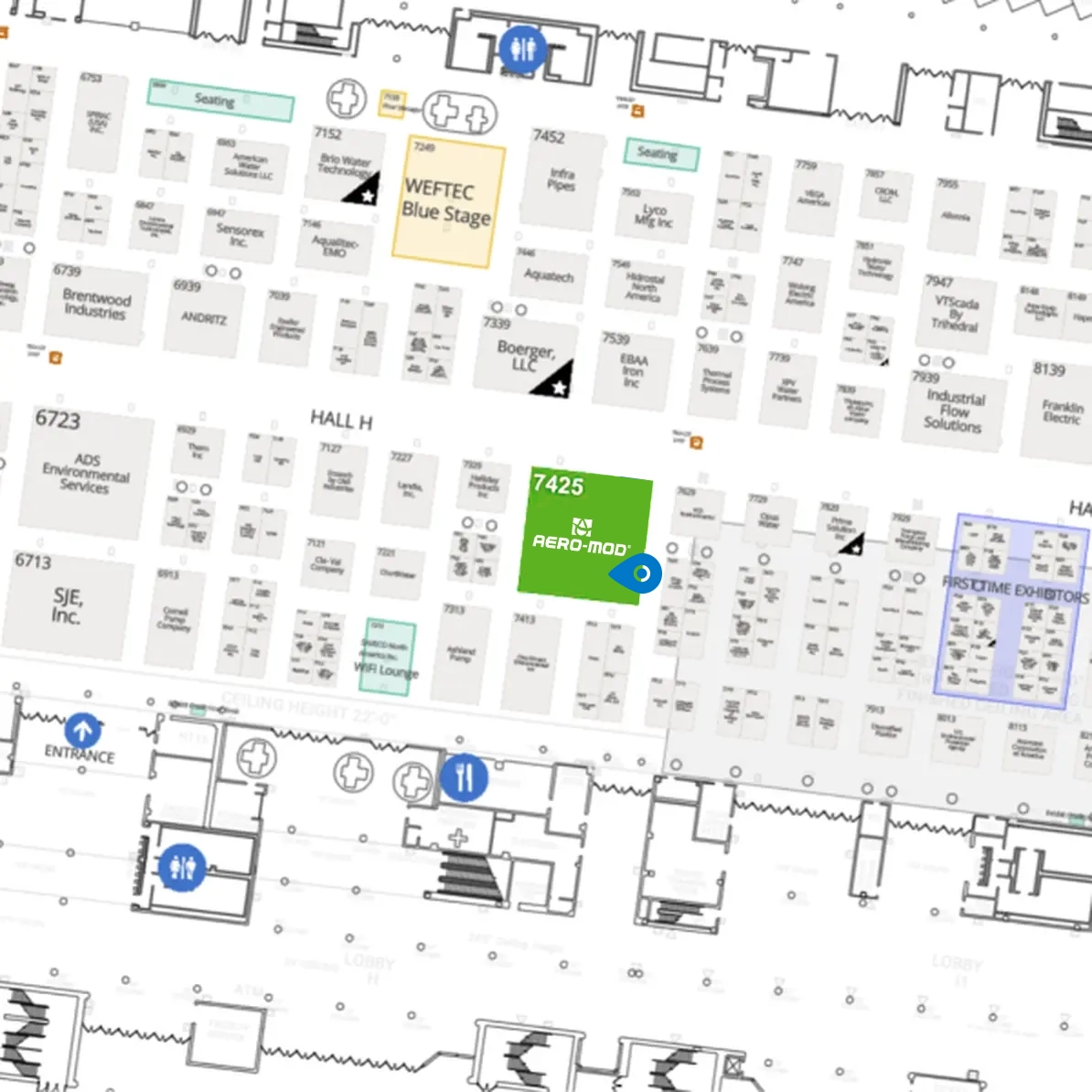 WEFTEC 2026 exhibit hall map showing Aero-Mod's location
